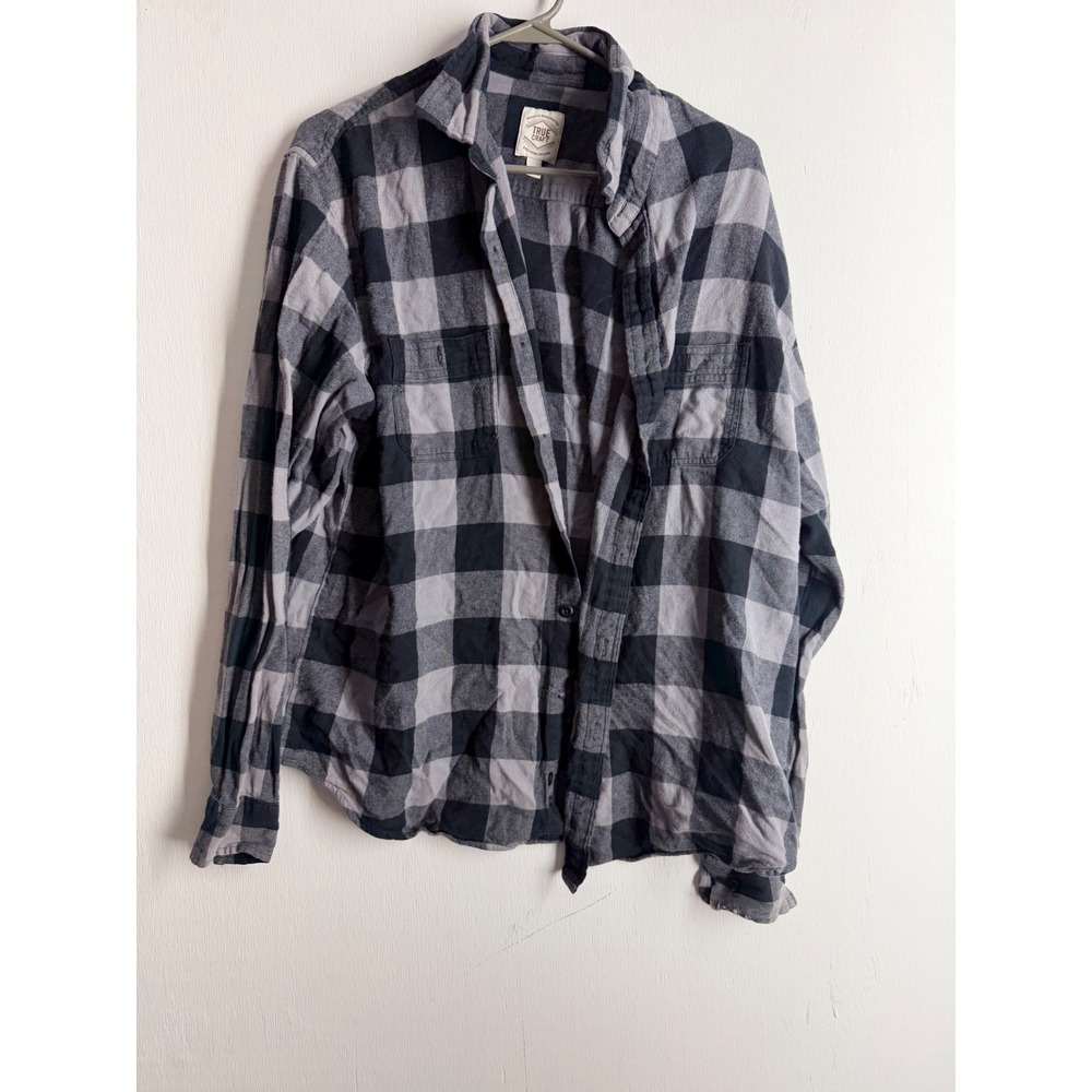 True Craft Mens XXL Buffalo Plaid Flannel Shirt Grey Black Distressed Grunge